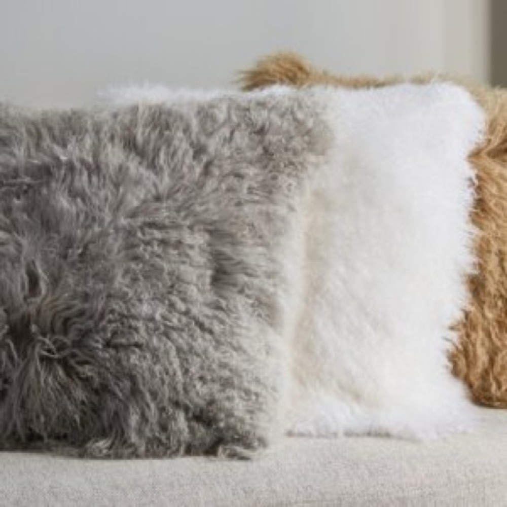 West Elm Mongolian Lamb Fur Throw Pillow Cover Pearl Gray 12 X 16